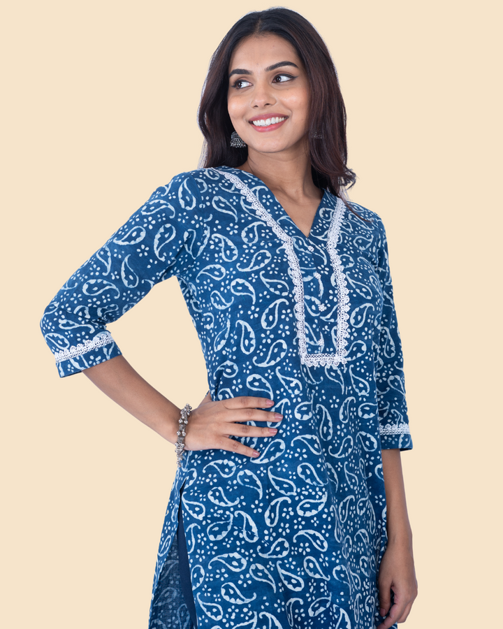 Indigo Cotton Hand Block Printed Long Kurta