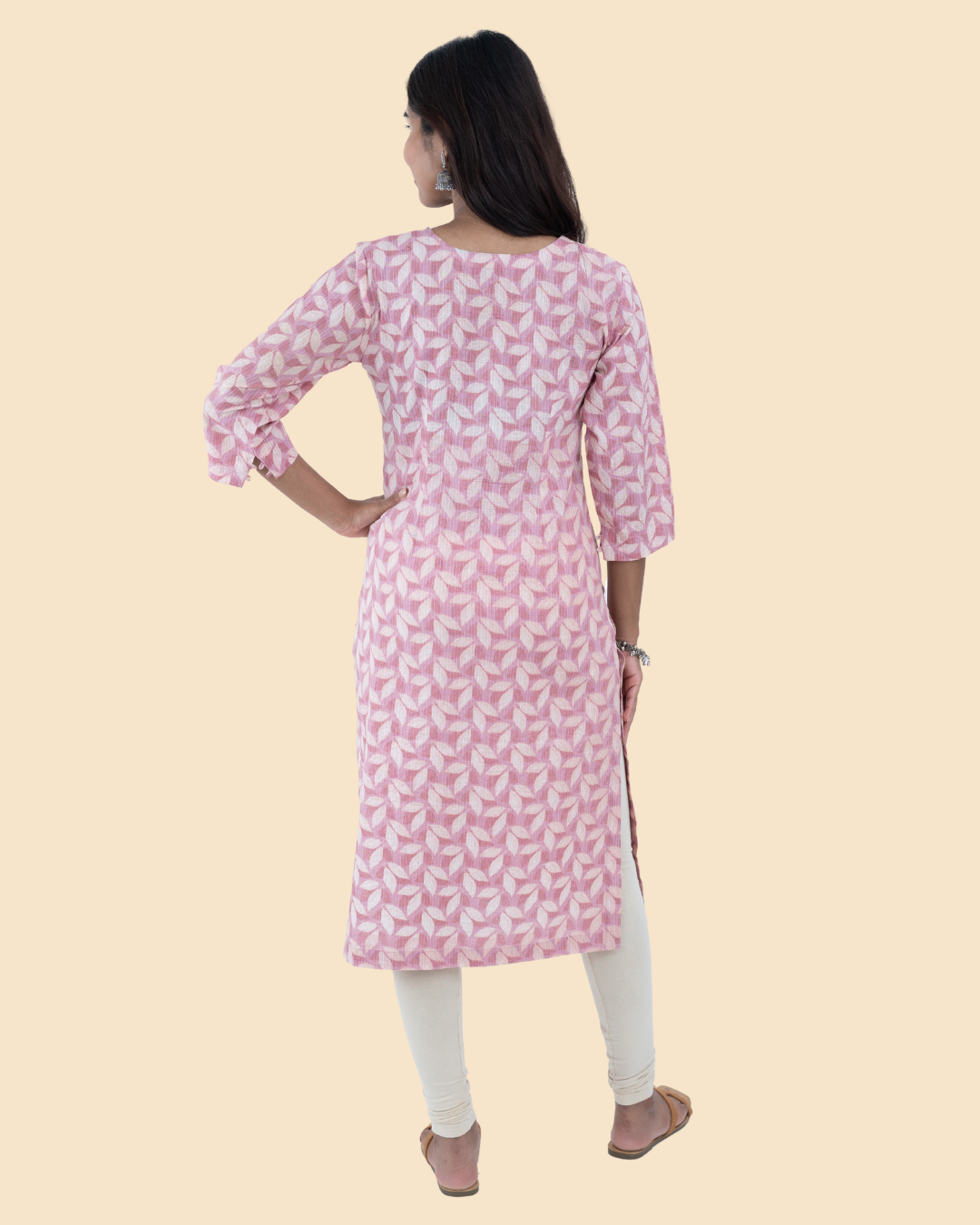 Pink Cotton Kantha Hand Block Printed Long Kurta
