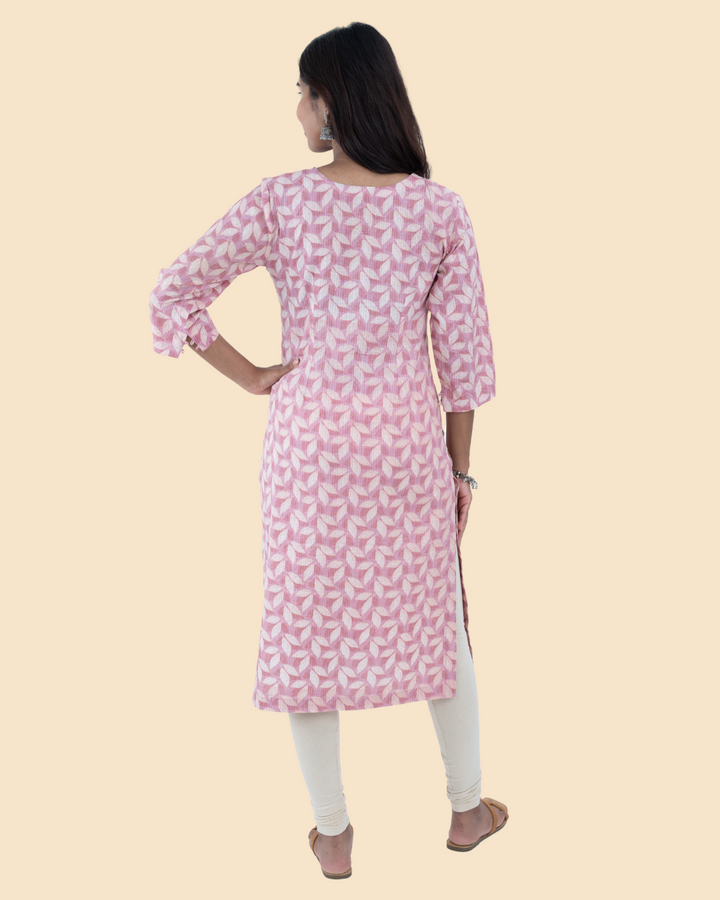Pink Cotton Kantha Hand Block Printed Long Kurta