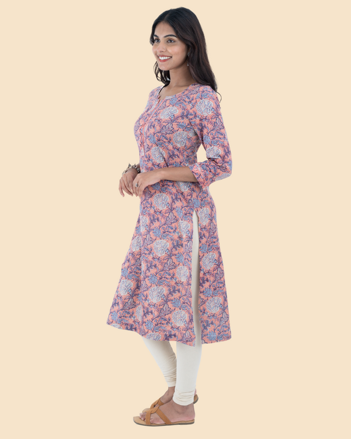 Pink Cotton Kantha Hand Block Printed Long Kurta