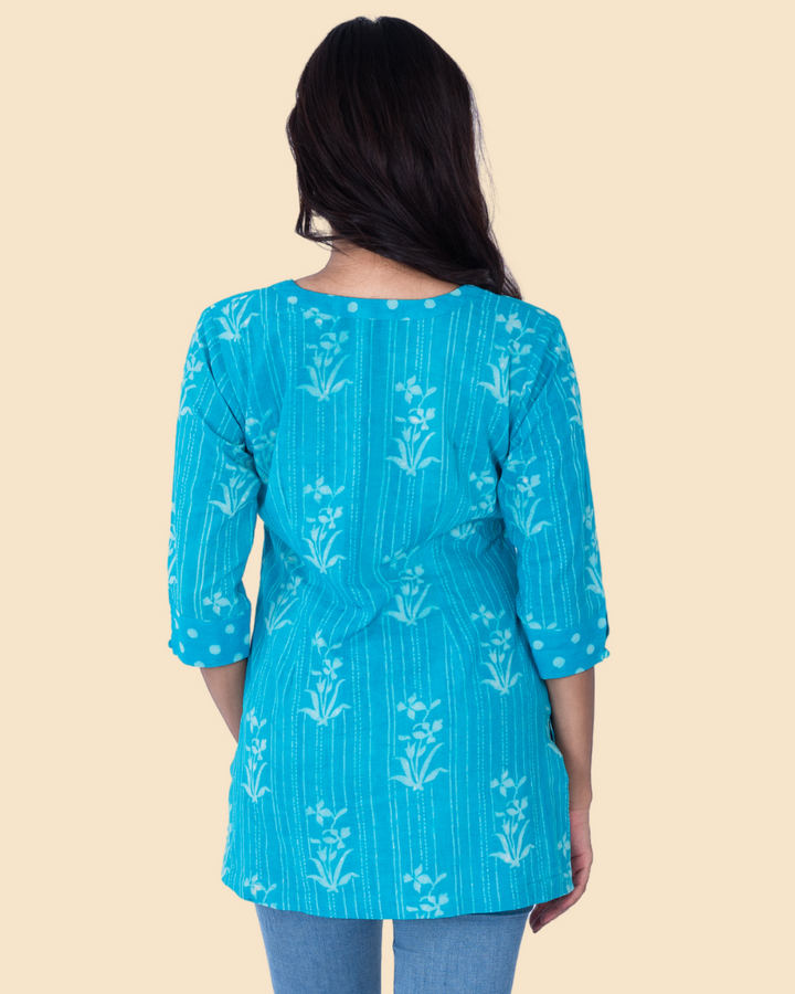Blue Cotton Dabu Hand Block Printed Short Kurta