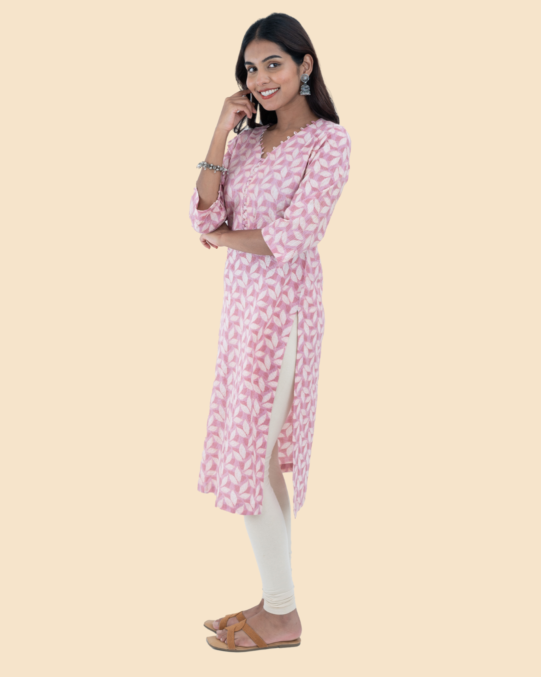 Pink Cotton Kantha Hand Block Printed Long Kurta