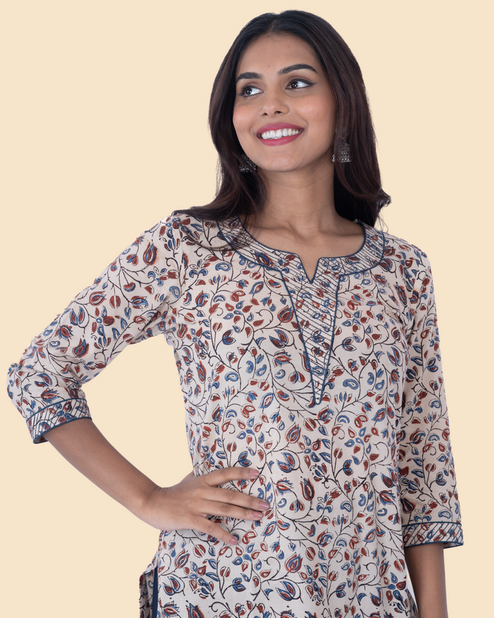 Beige Cotton Ajrak Hand Block Printed Long Kurta