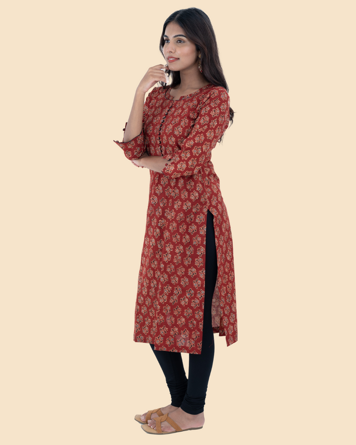 Maroon Cotton Ajrak Hand Block Printed Long Kurta
