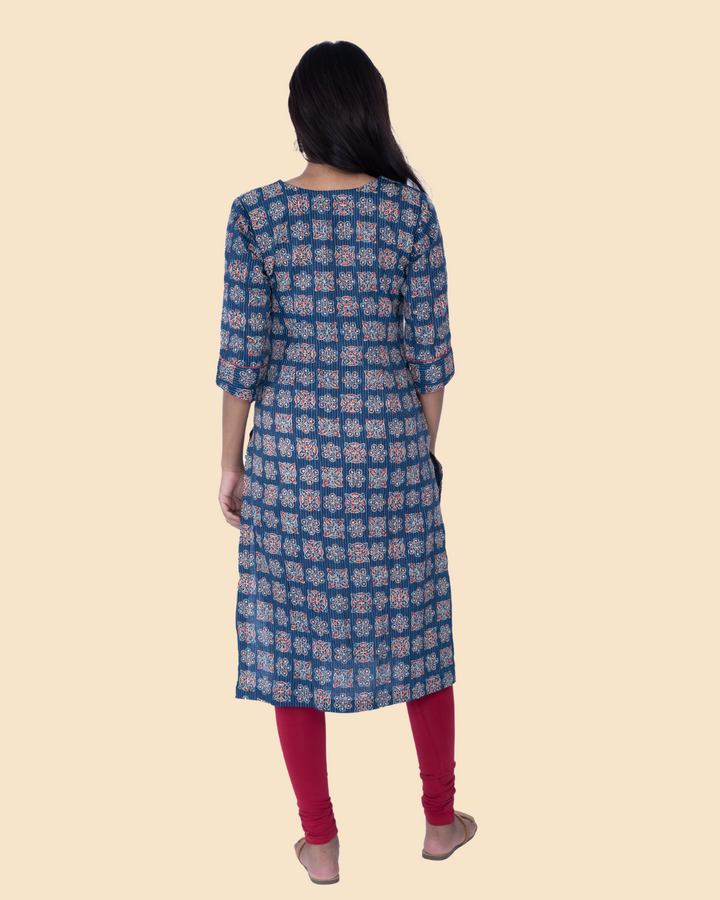 Blue Cotton Kantha Block Printed Long Kurta
