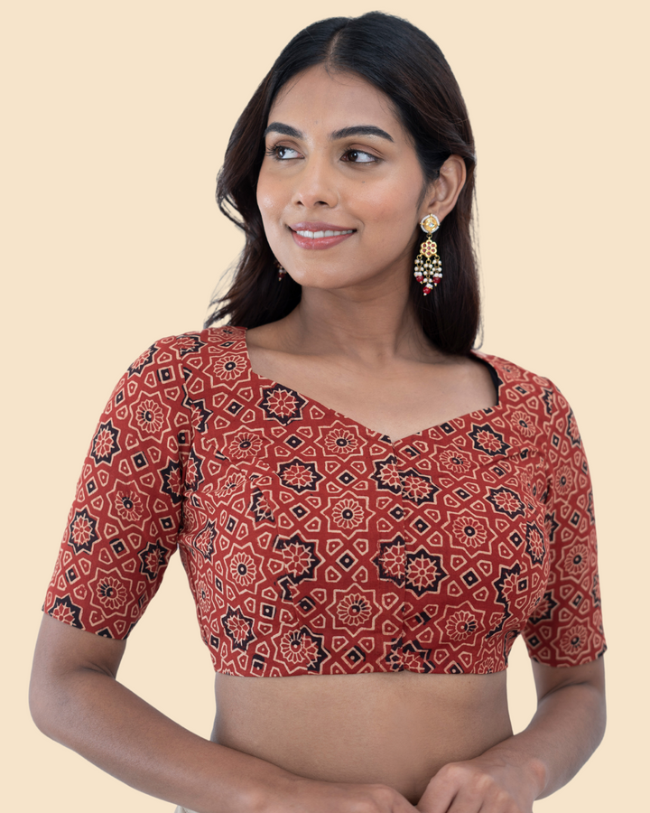 Maroon Cotton Ajrak Hand Block Printed Blouse