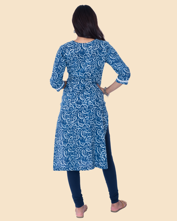 Indigo Cotton Hand Block Printed Long Kurta