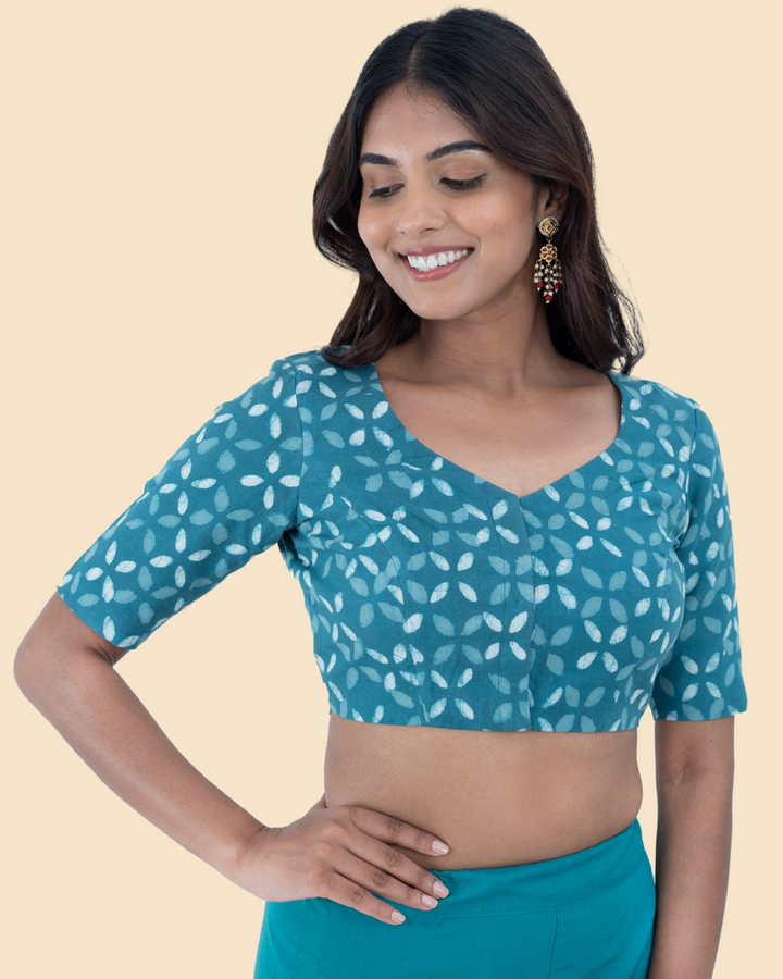 Blue Cotton Dabu Hand Block Printed Blouse