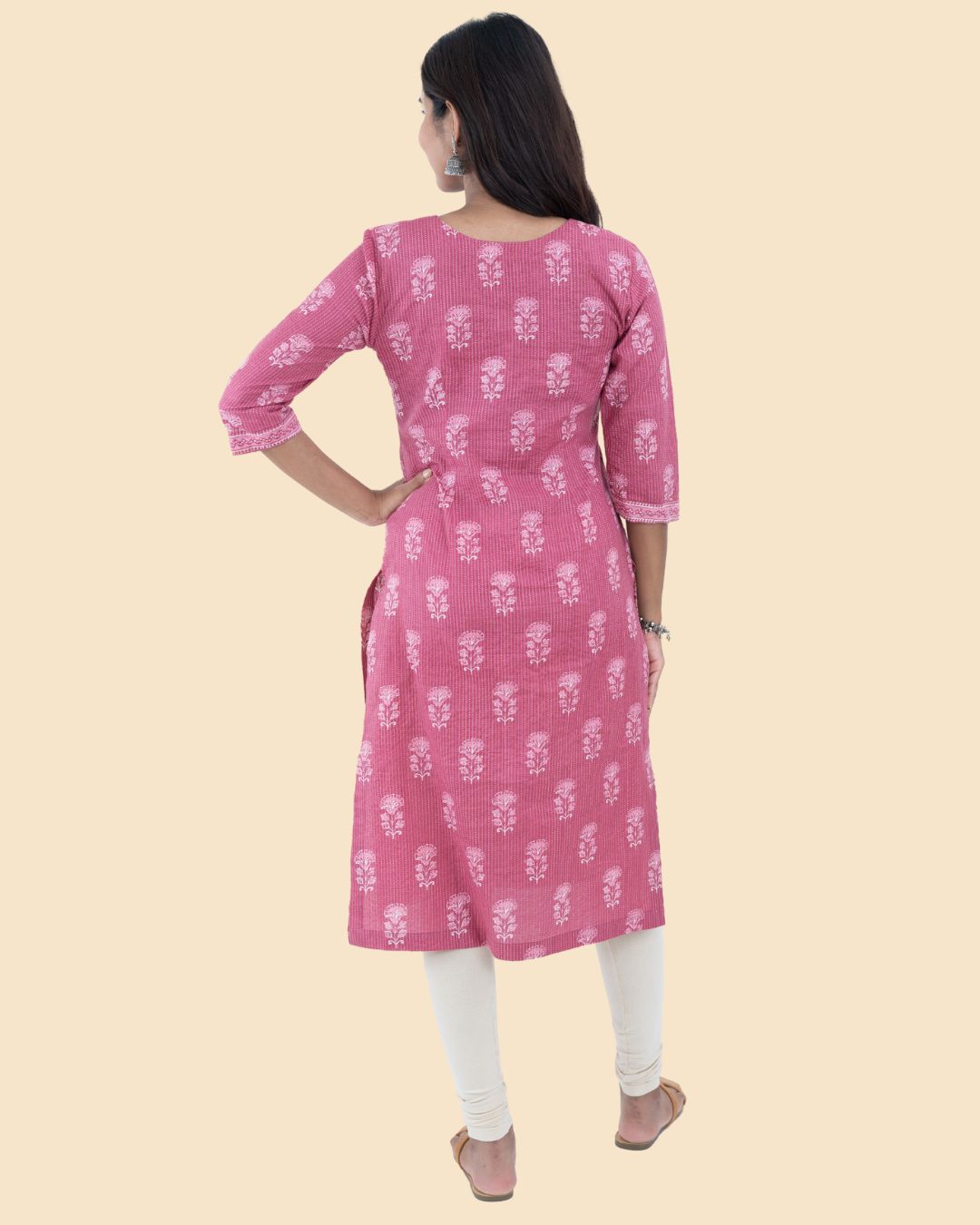 Pink Cotton Kantha Hand Block Printed Long Kurta