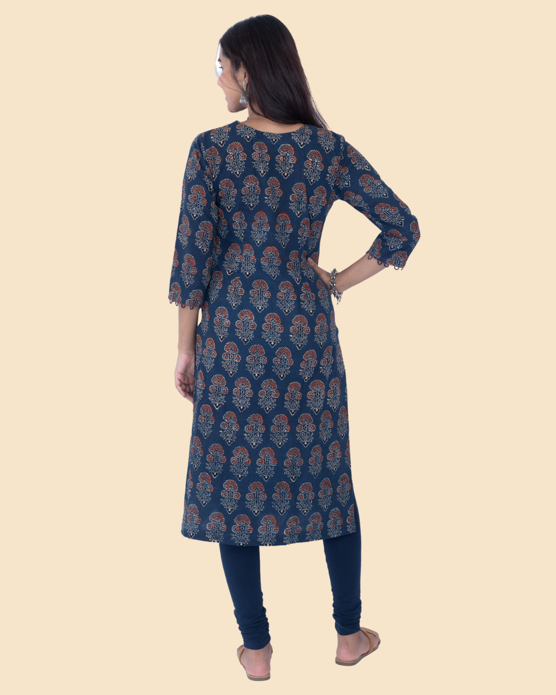 Blue Cotton Ajrak Hand Block Printed Long Kurta