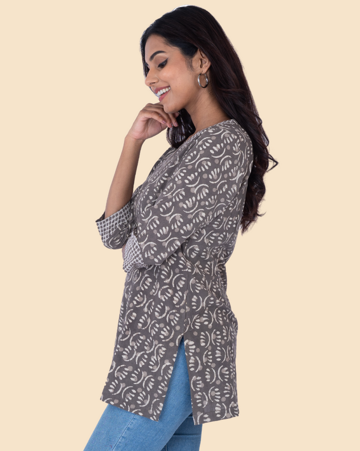 Grey Cotton Dabu Hand Block Printed Short Kurta