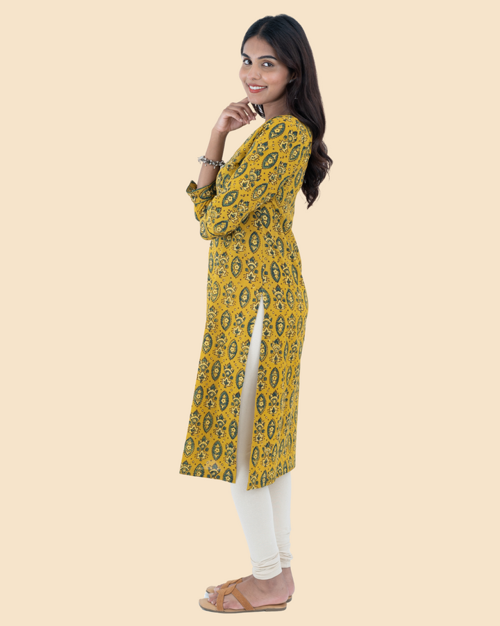 Mustard Cotton Ajrak Hand Block Printed Long Kurta