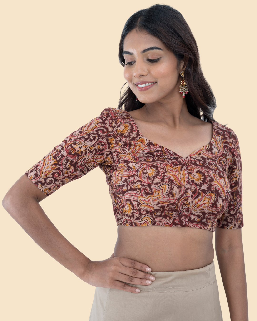 Maroon Cotton Kalamkari Hand Block Printed Blouse