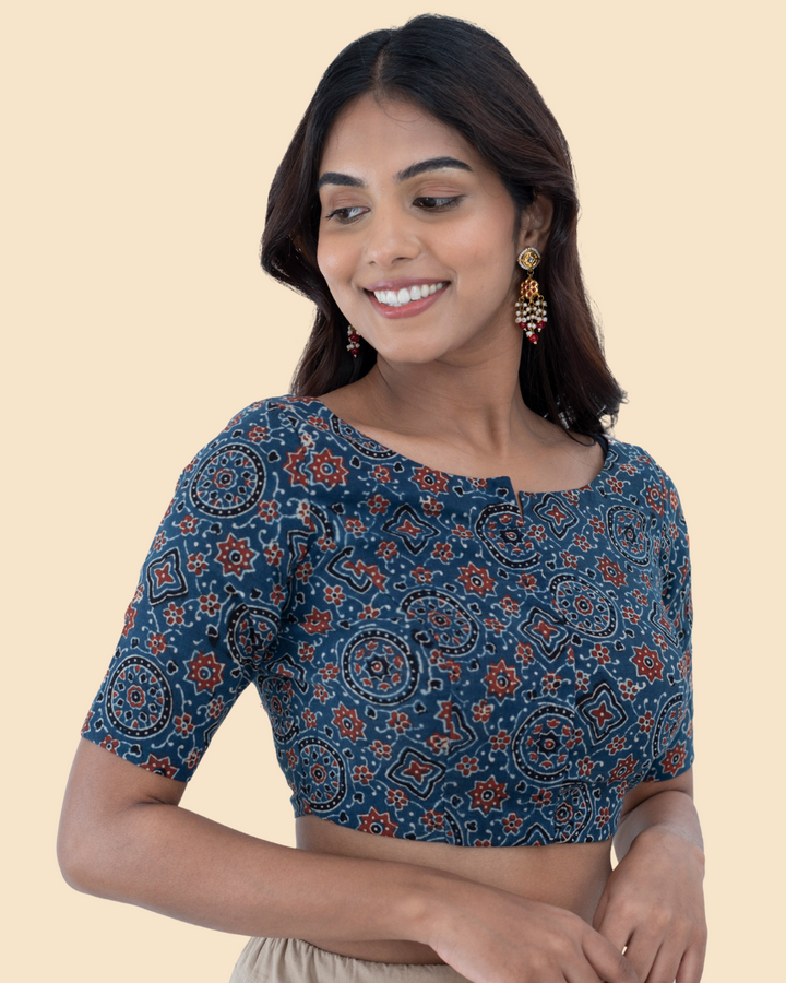 Blue Cotton Ajrak Hand Block Printed Blouse