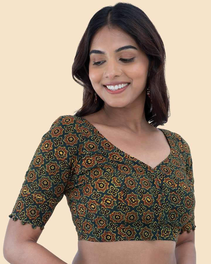 Green Cotton Ajrak Hand Block Printed Blouse