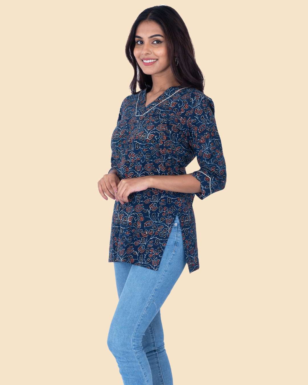 Blue Cotton Ajrakh Hand Block Printed Short Kurta