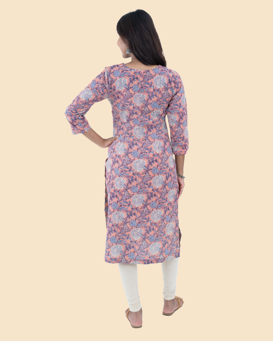 Pink Cotton Kantha Hand Block Printed Long Kurta