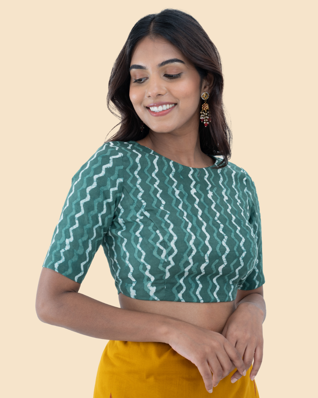 Green Cotton Dabu Hand Block Printed Blouse
