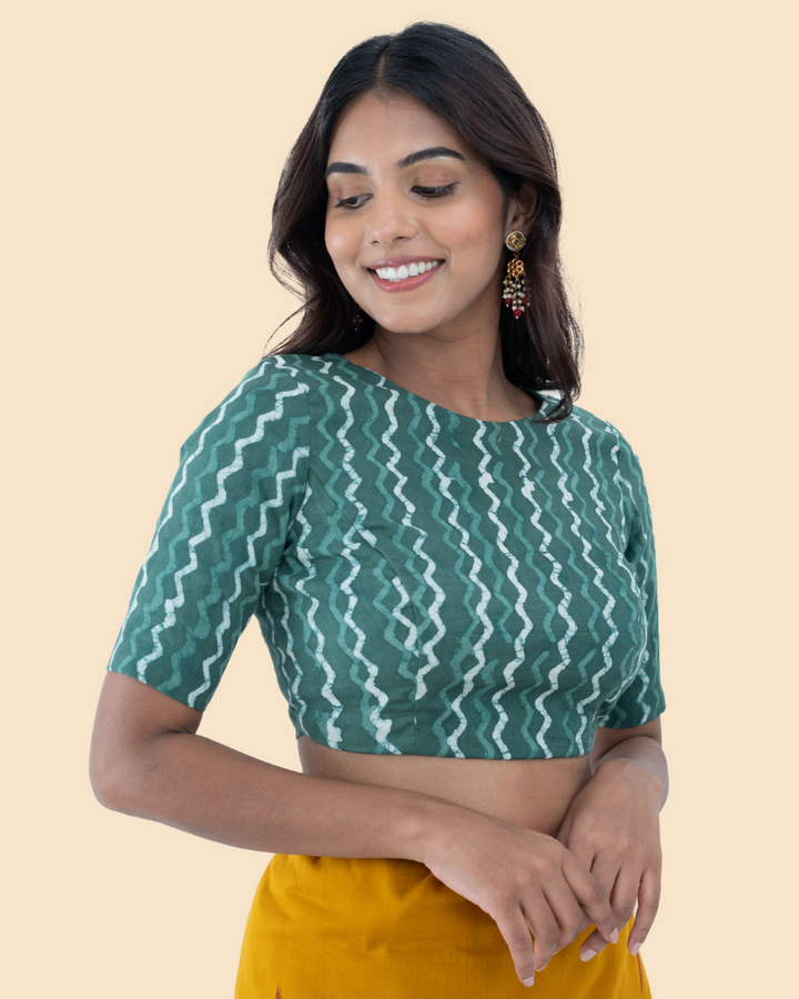 Green Cotton Dabu Hand Block Printed Blouse