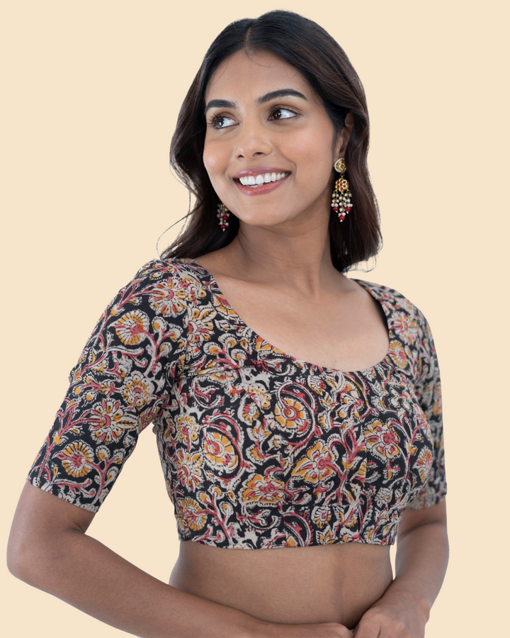 Black Cotton Kalamkari Hand Block Printed Blouse
