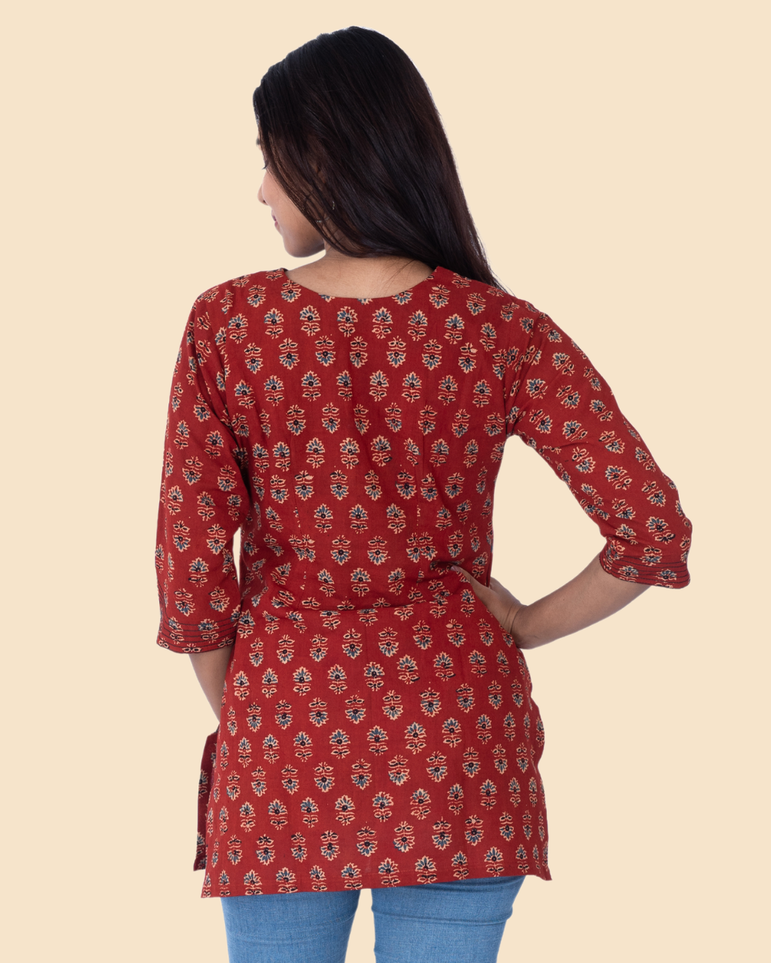 Maroon Cotton Ajrak Hand Block Printed Short Kurta