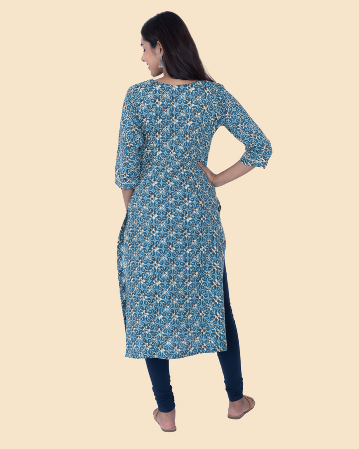 Blue Cotton Kantha Block Printed Long Kurta
