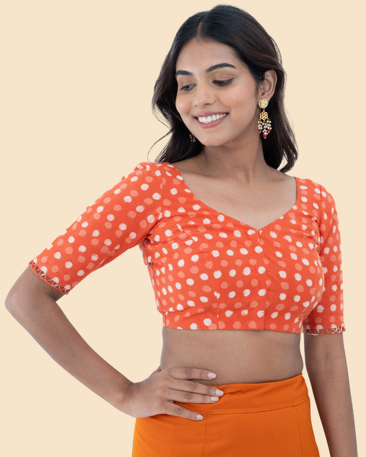 Orange Cotton Dabu Hand Block Printed Blouse