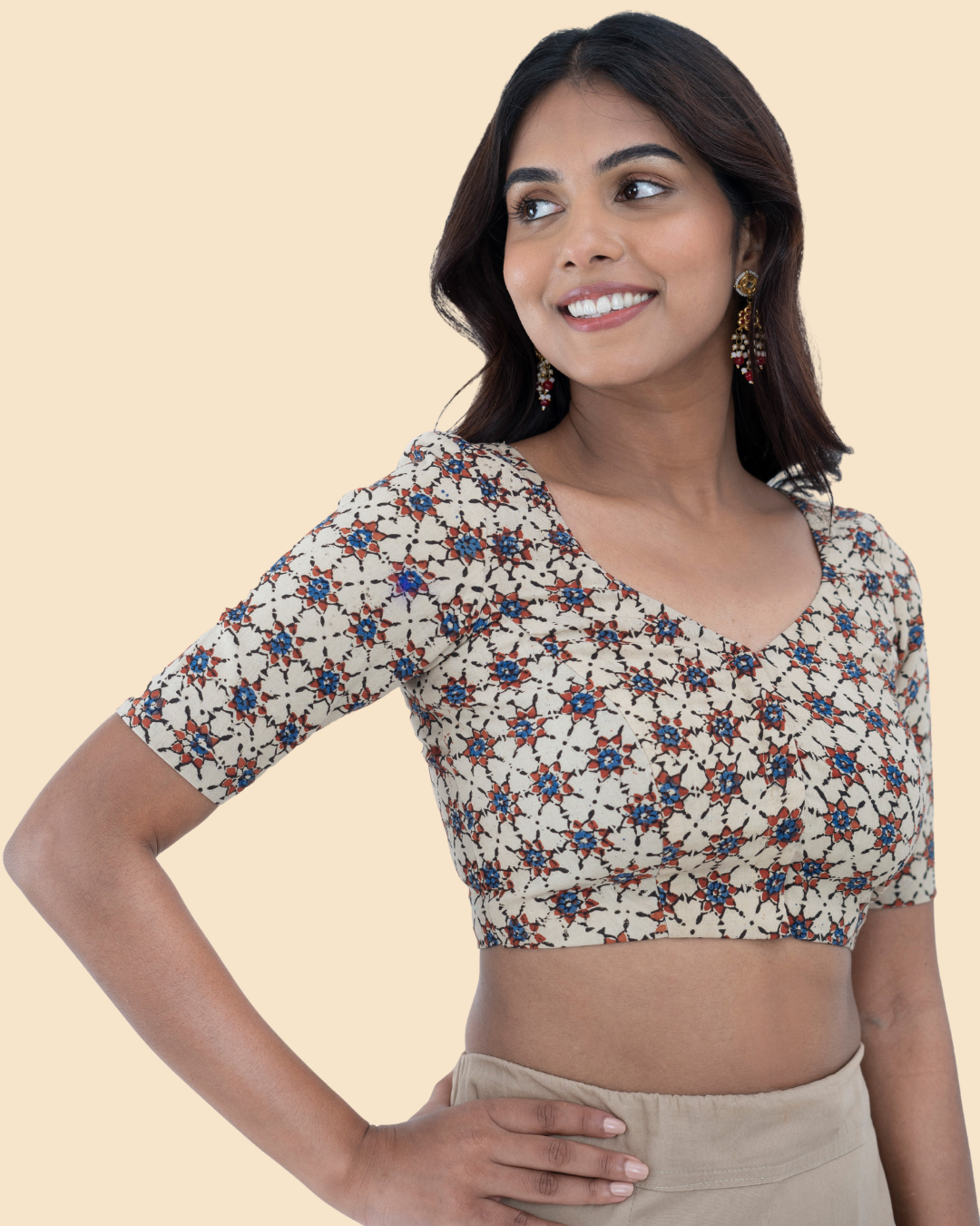Beige Cotton Ajrak Hand Block Printed Blouse