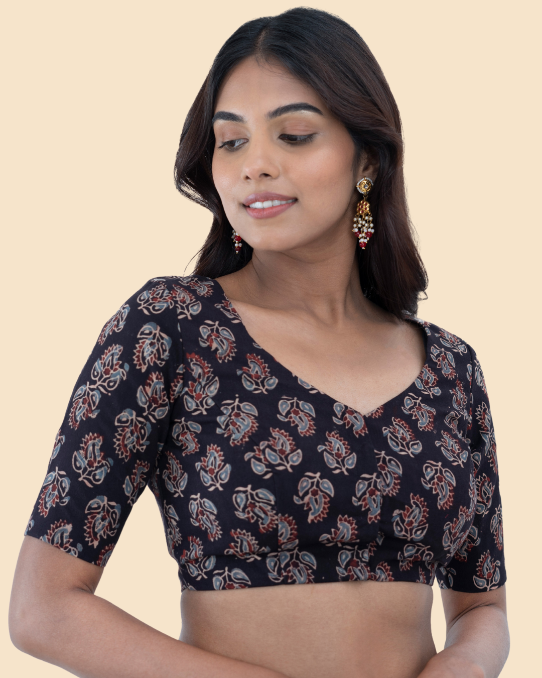 Black Cotton Ajrak Hand Block Printed Blouse