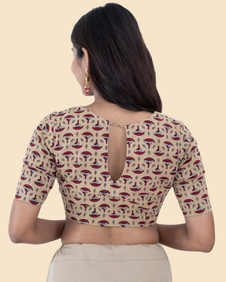 Beige Cotton Ajrak Hand Block Printed Blouse