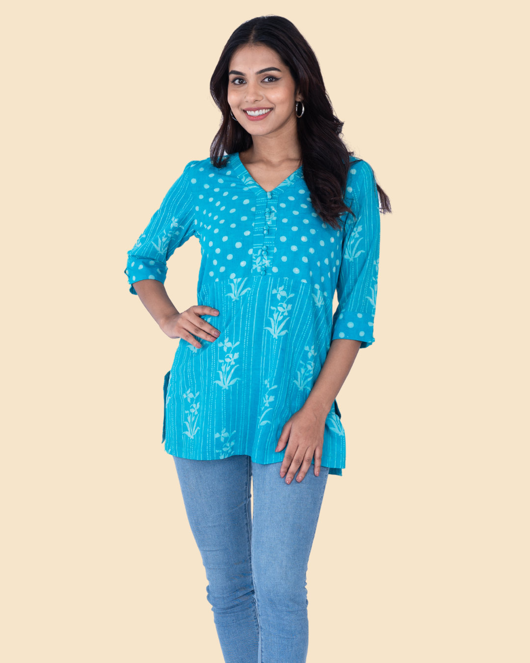 Blue Cotton Dabu Hand Block Printed Short Kurta