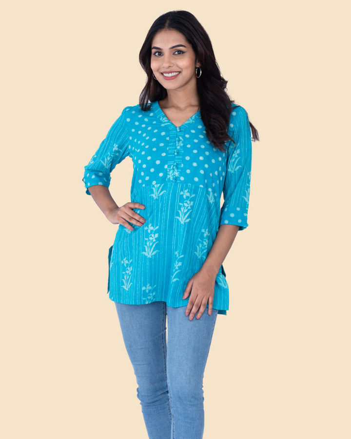 Blue Cotton Dabu Hand Block Printed Short Kurta