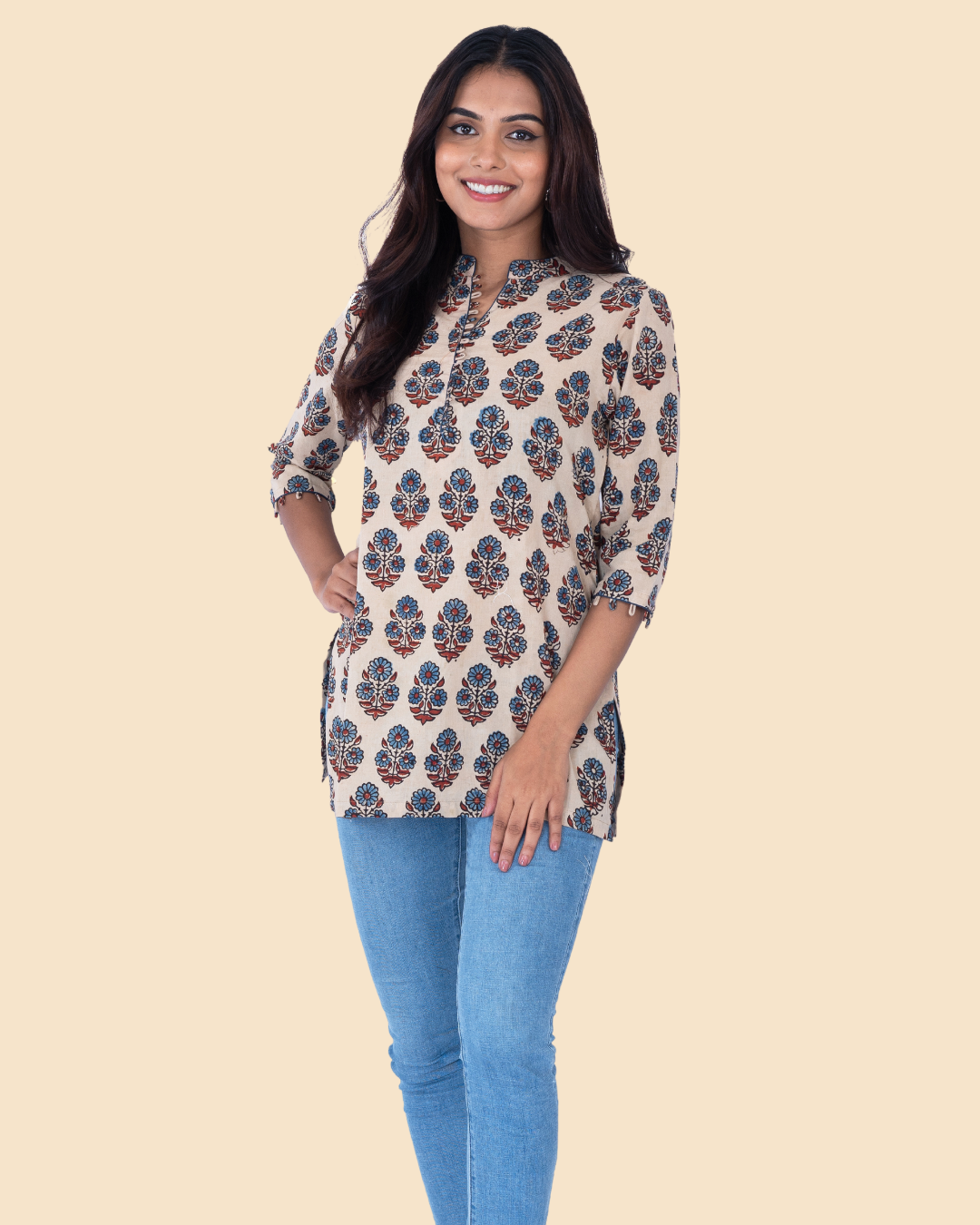 Beige Cotton Ajrakh Hand Block Printed Short Kurta