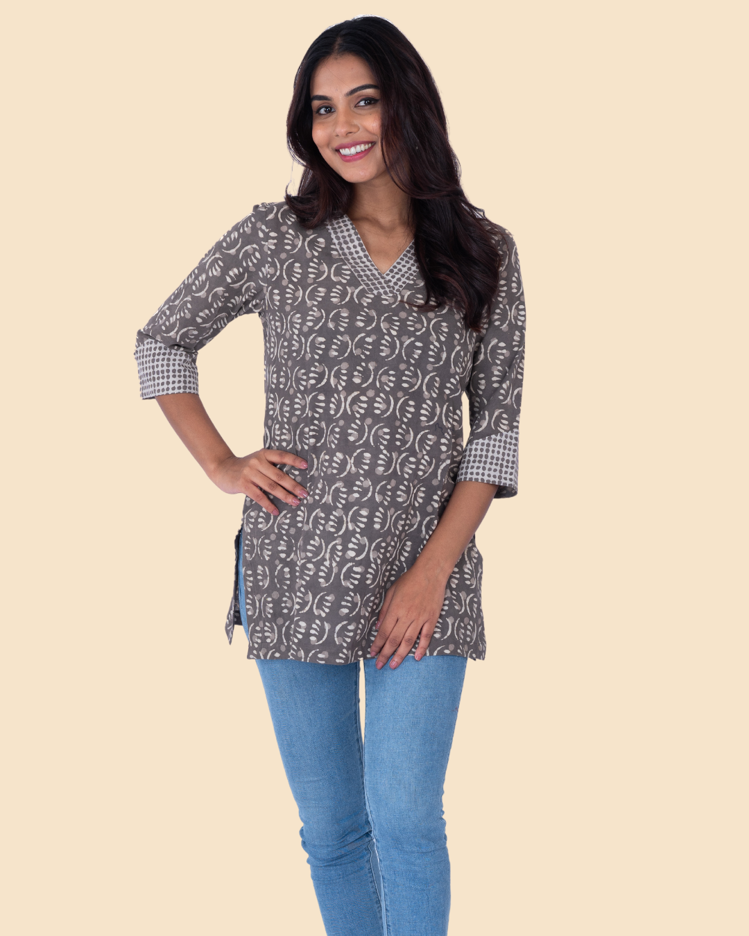 Grey Cotton Dabu Hand Block Printed Short Kurta