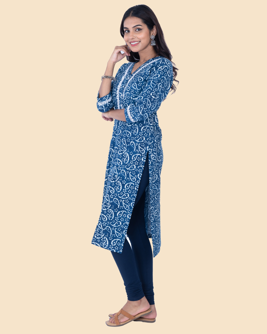 Indigo Cotton Hand Block Printed Long Kurta