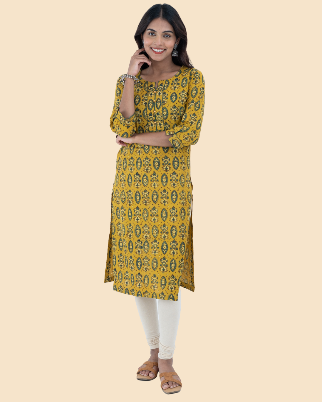 Mustard Cotton Ajrak Hand Block Printed Long Kurta