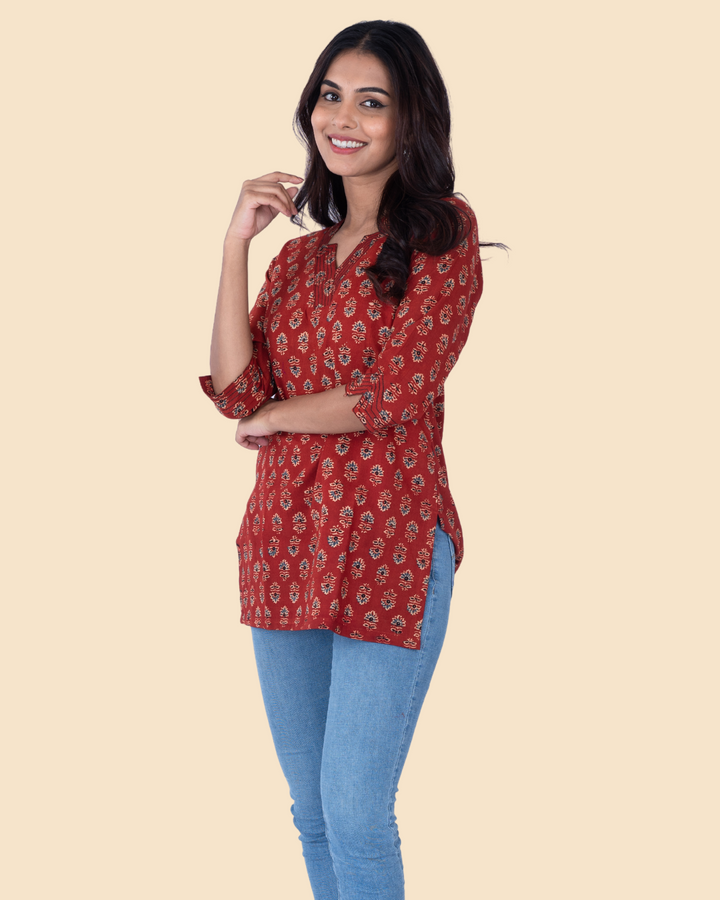 Maroon Cotton Ajrak Hand Block Printed Short Kurta