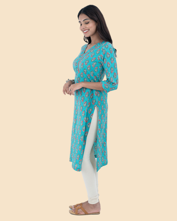 Blue Dabu Cotton Hand Block Printed Long Kurta