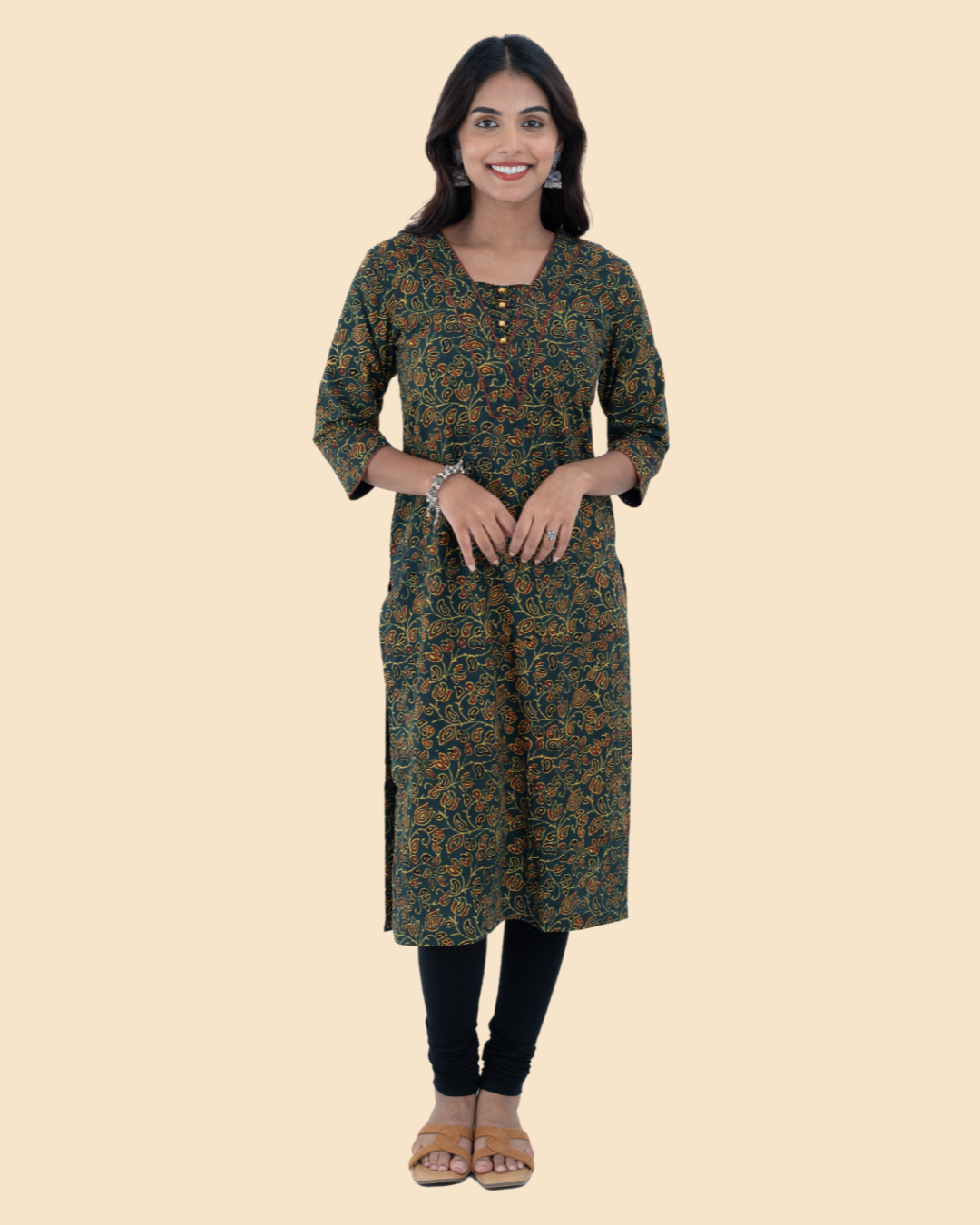 Green Cotton Ajrak Hand Block Printed Long Kurta