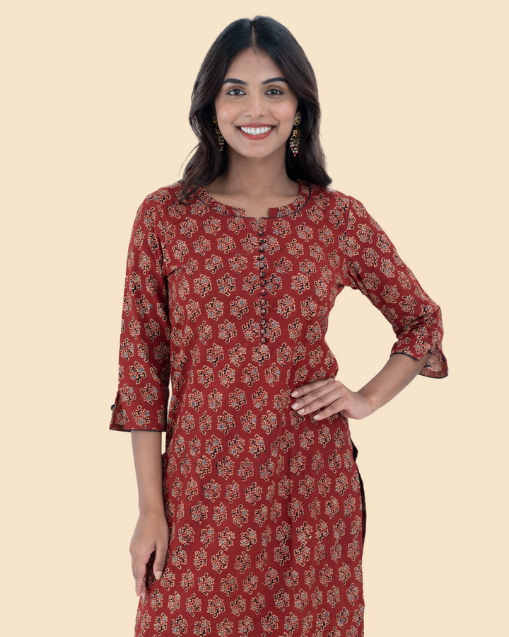 Maroon Cotton Ajrak Hand Block Printed Long Kurta
