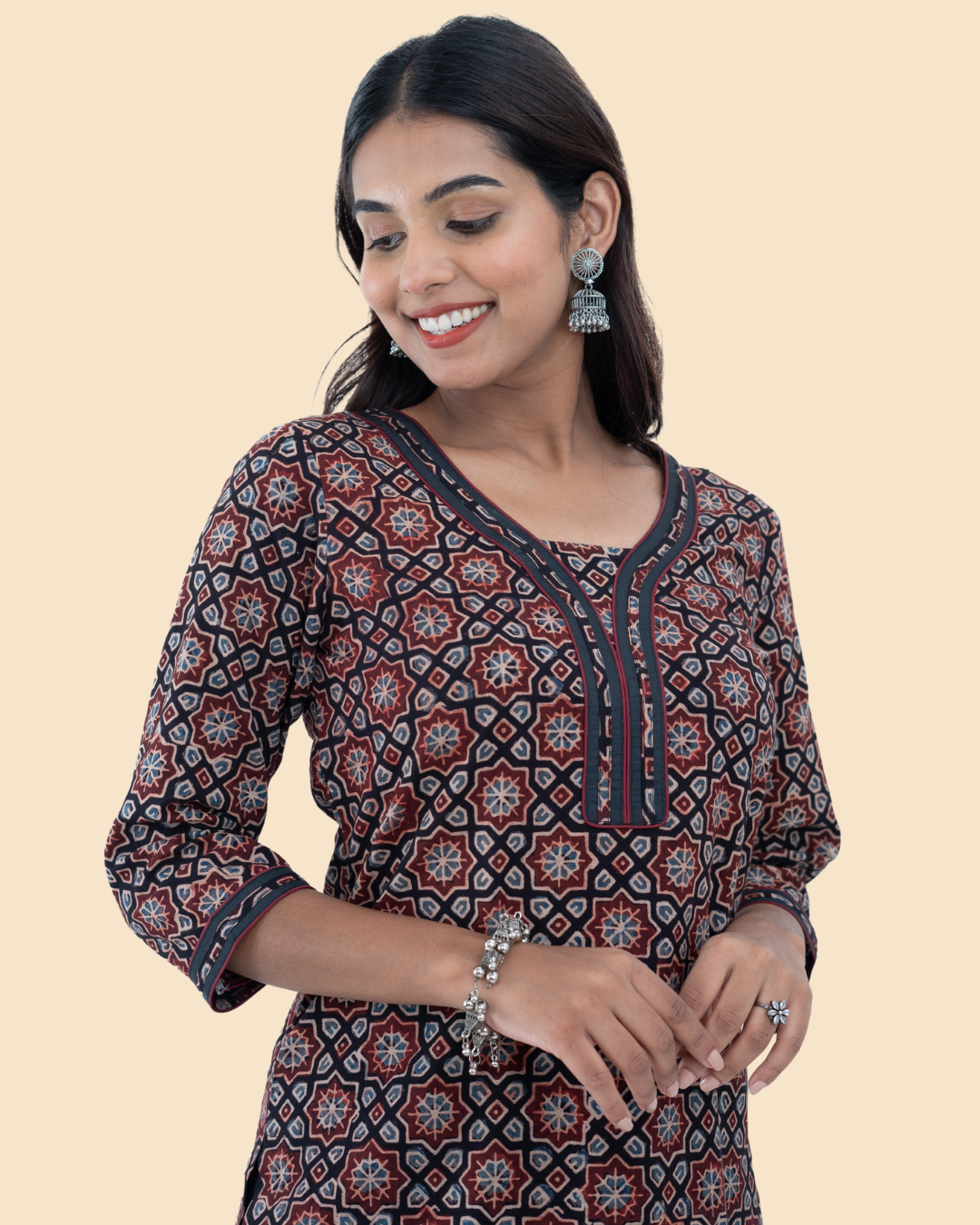 Black Cotton Ajrak Hand Block Printed Long Kurta
