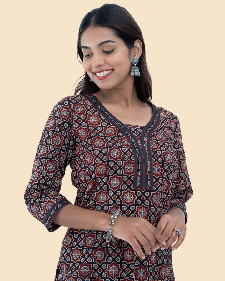 Black Cotton Ajrak Hand Block Printed Long Kurta