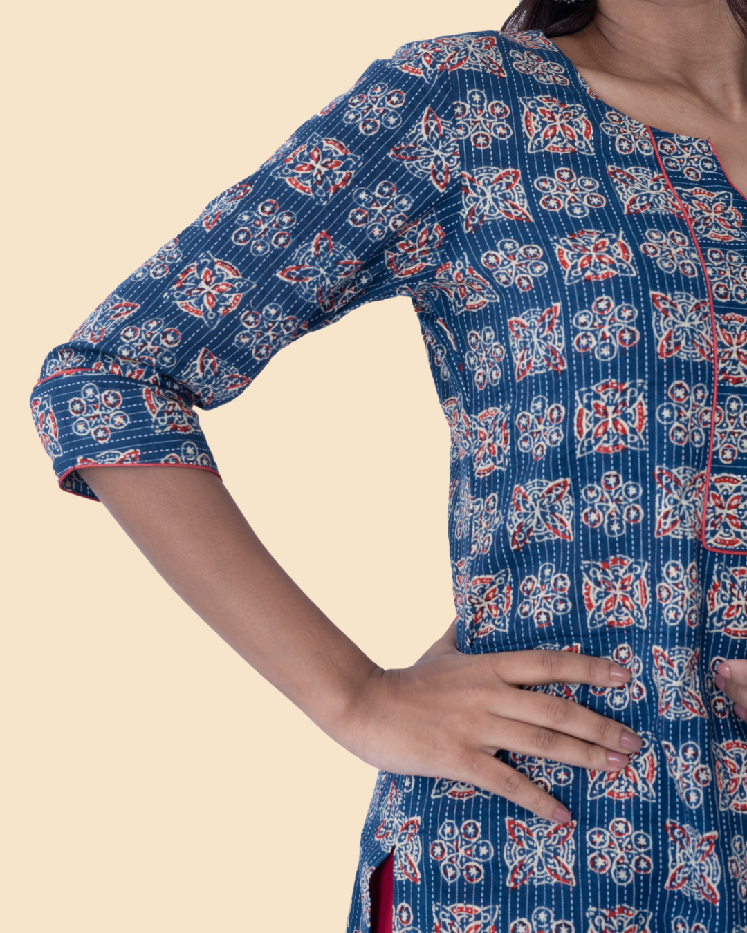 Blue Cotton Kantha Block Printed Long Kurta