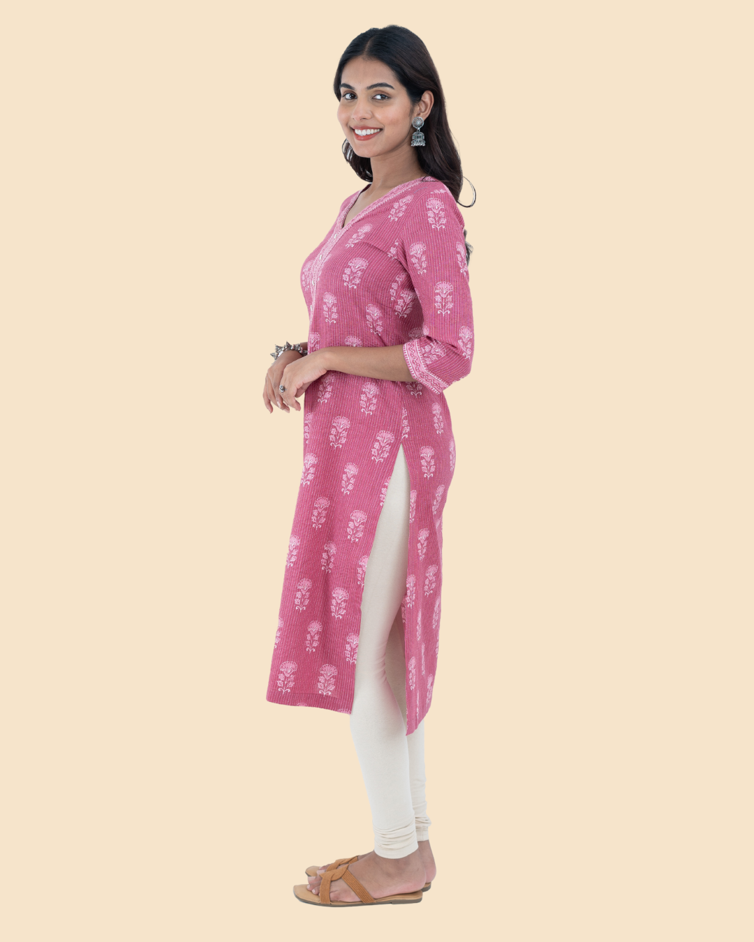 Pink Cotton Kantha Hand Block Printed Long Kurta