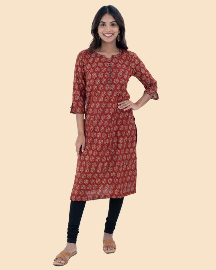 Maroon Cotton Ajrak Hand Block Printed Long Kurta