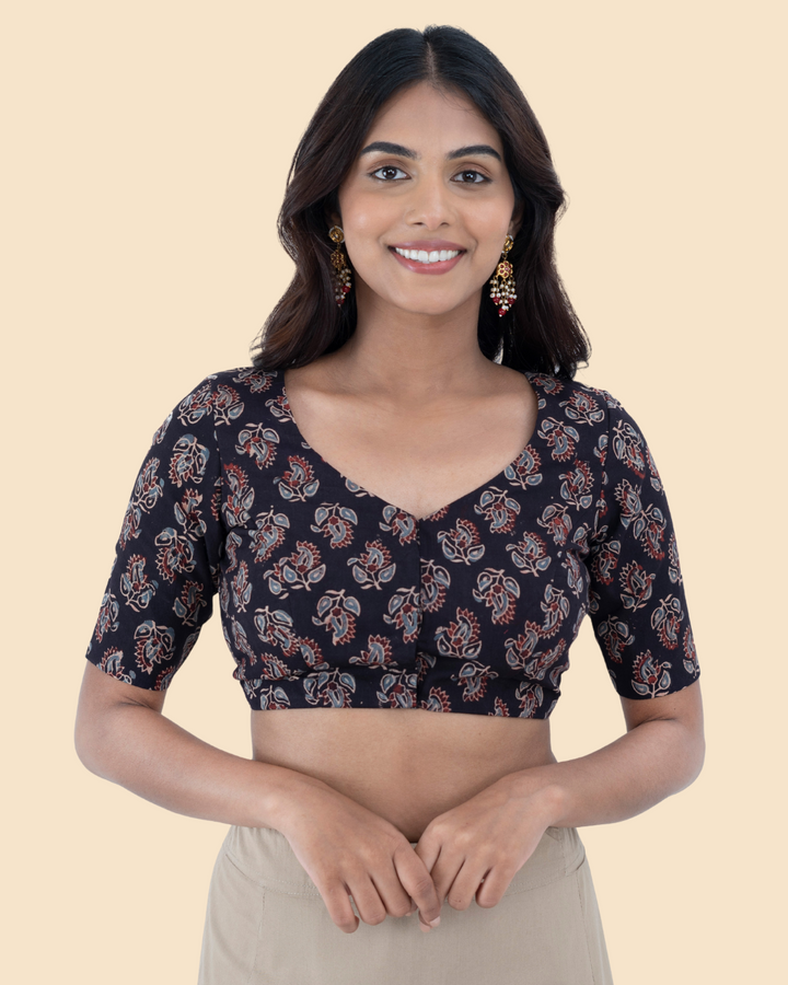 Black Cotton Ajrak Hand Block Printed Blouse