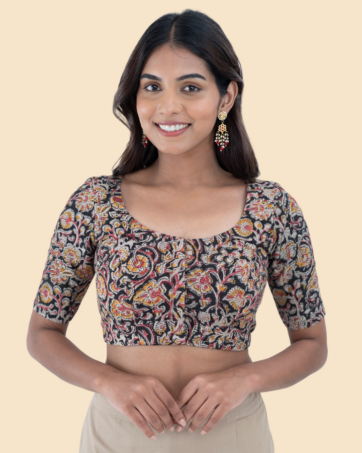 Black Cotton Kalamkari Hand Block Printed Blouse