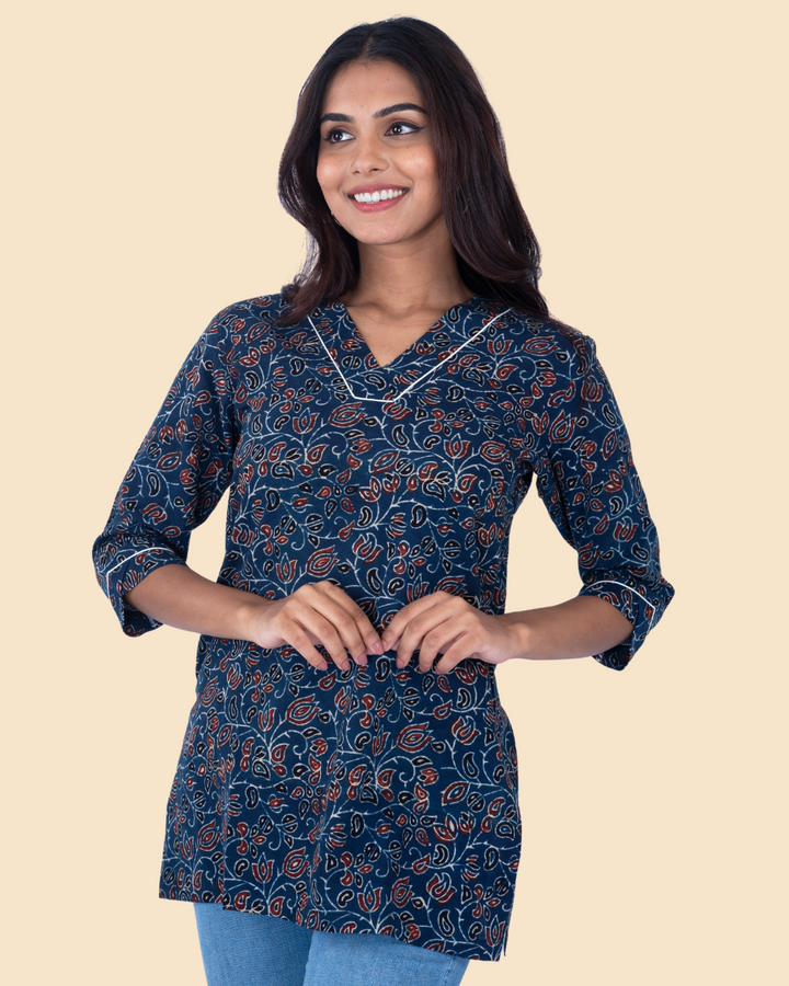 Blue Cotton Ajrakh Hand Block Printed Short Kurta