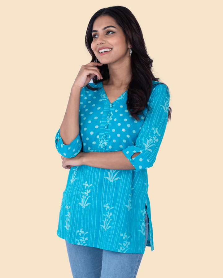 Blue Cotton Dabu Hand Block Printed Short Kurta