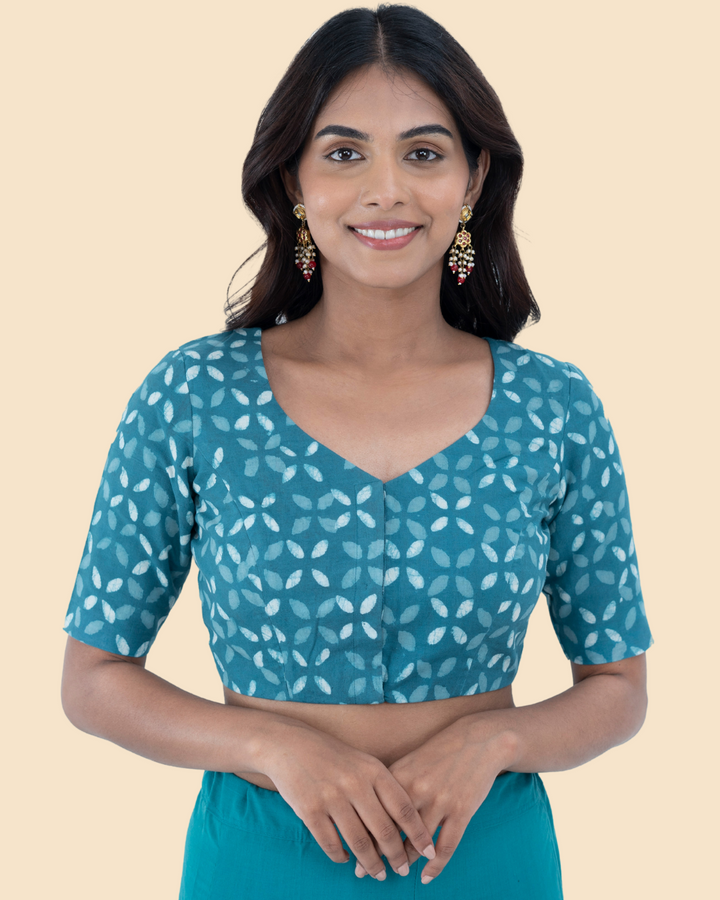 Blue Cotton Dabu Hand Block Printed Blouse